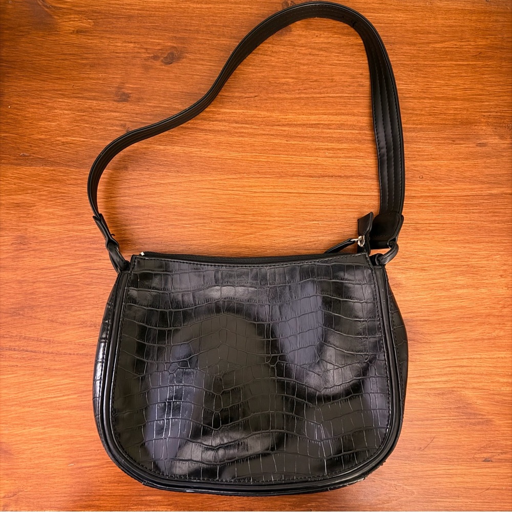Black Faux Leather Purse | Croc-Embossed Shoulder Bag